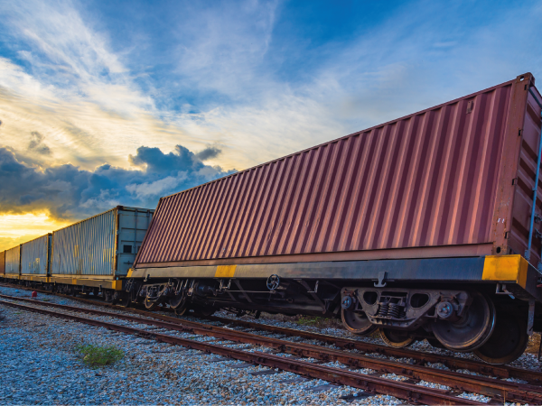 A derailed train boxcar